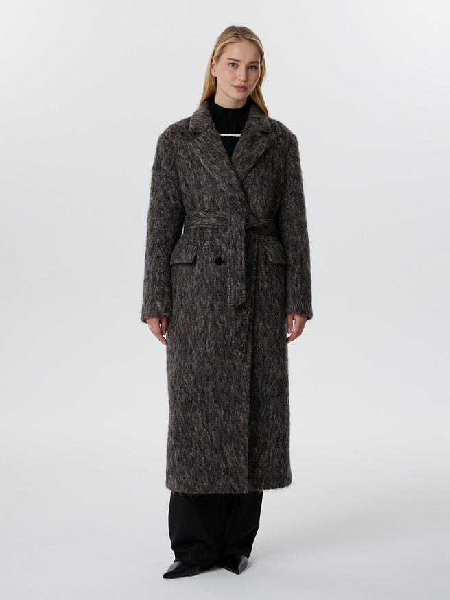 Пальто из шерсти с длинным ворсом и двубортной застёжкой в шоколадном цвете