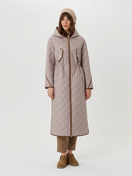 Длинное плащевое стеганое пальто с капюшоном и контрастным кантом