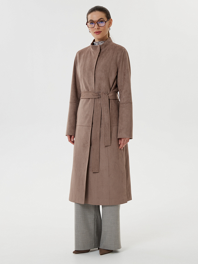 Изысканный плащ из эко-замши благородного серого оттенка с поясом