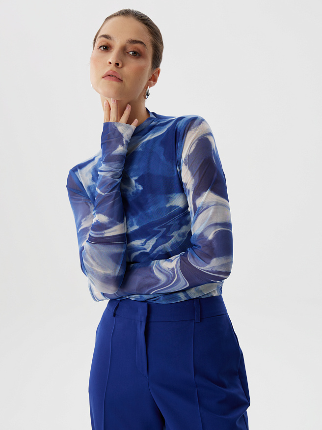 Джемпер из эластичной сетки с принтом