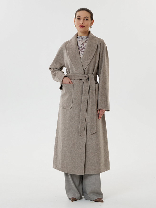Шерстяное пальто оттенка слоновой кости с шалевым воротником и поясом