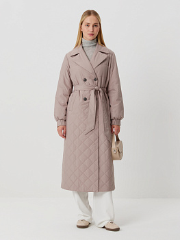 Длинное стеганое плащевое пальто с английским воротником на кнопках
