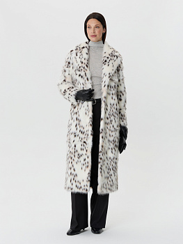 Длинная шуба из эко-меха под рысь с поясом