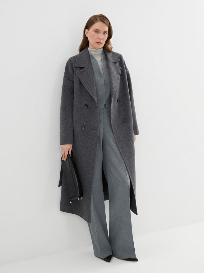 Демисезонное пальто из шерсти с вставками из эко-кожи в графитовом цвете