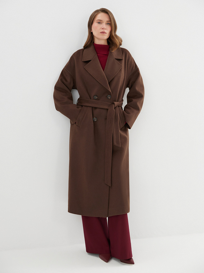 Демисезонное пальто из шерсти с вставками из эко-кожи в коричневом цвете