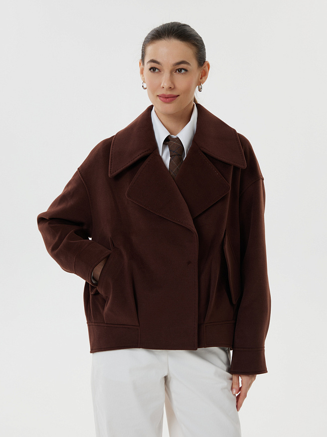 Шерстяное пальто-бомбер глубокого шоколадного оттенка со спущенным рукавом