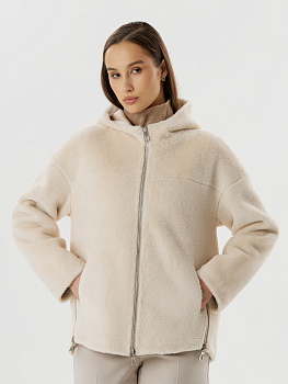 Женская двухсторонняя дублёнка с капюшоном и молнией в цвете шампань Женская двухсторонняя дублёнка с капюшоном и молнией в цвете шампань