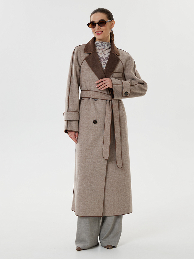 Двубортное шерстяное пальто без подкладки с контрастным воротником