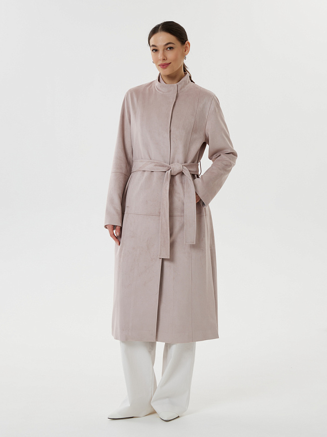 Изысканный плащ из эко-замши нежно-розового оттенка с поясом