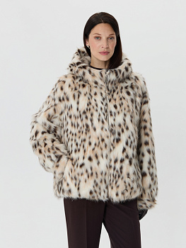 Укороченная шуба из эко-меха под рысь с капюшоном на молнии