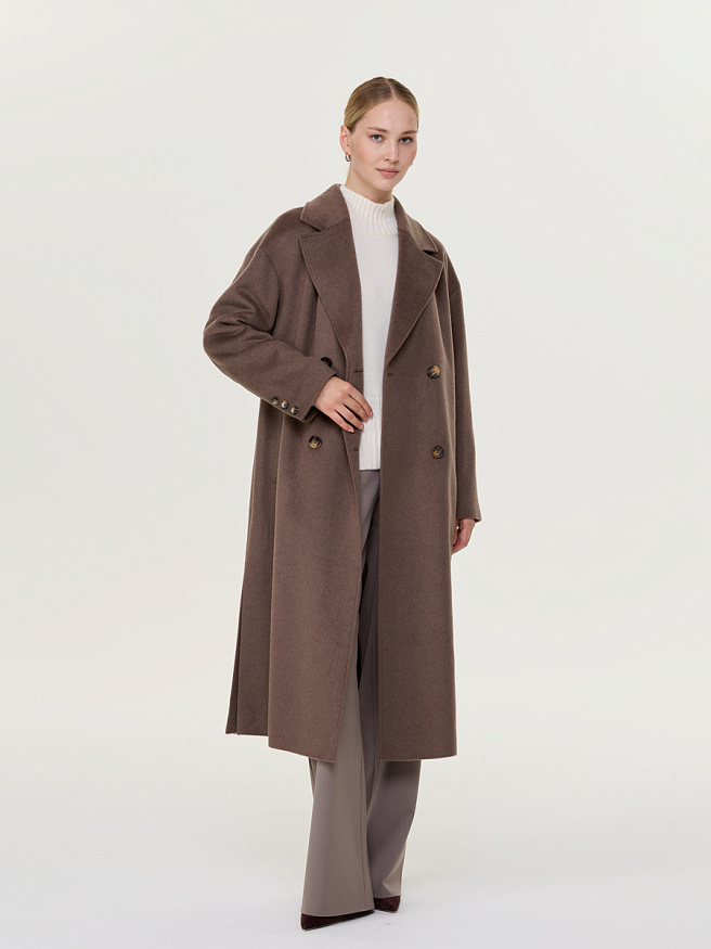 Длинное демисезонное шерстяное пальто с поясом