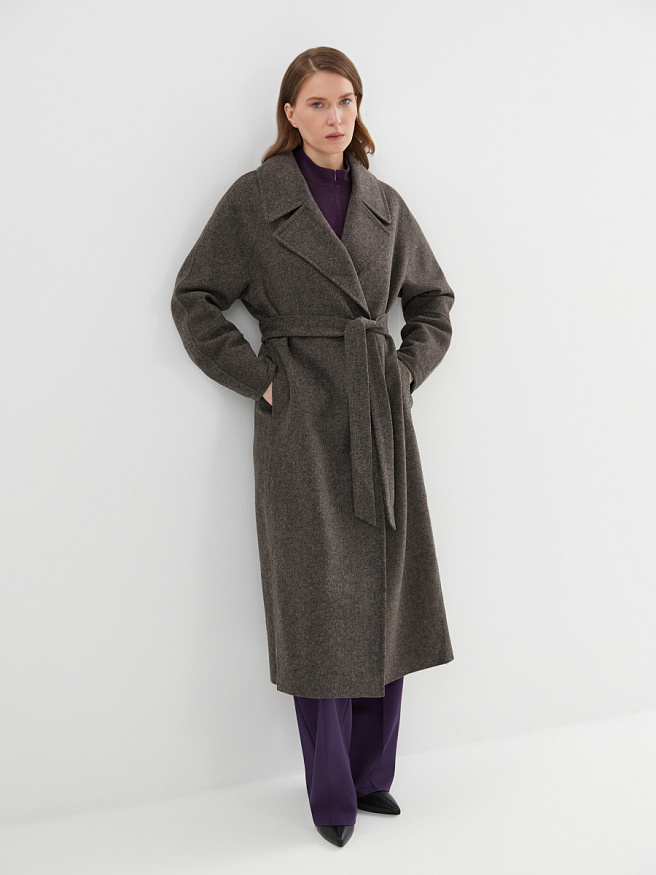 Демисезонное пальто из шерсти с твидовым узором «ёлочка» в коричневом цвете