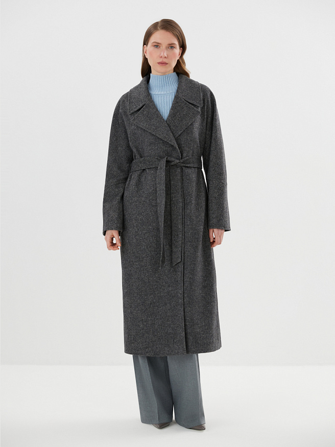 Демисезонное пальто из шерсти с твидовым узором «ёлочка» в графитовом цвете