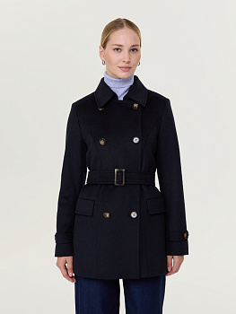 Демисезонное двубортное шерстяное пальто-бушлат с поясом