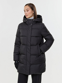 Удлиненная куртка на натуральном пуху с капюшоном на кнопках и молнии