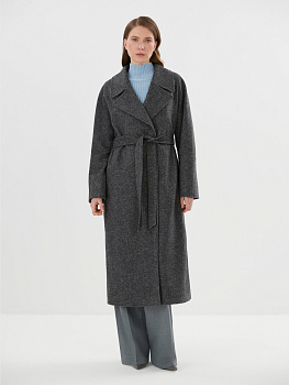 Демисезонное пальто из шерсти с твидовым узором «ёлочка» в графитовом цвете